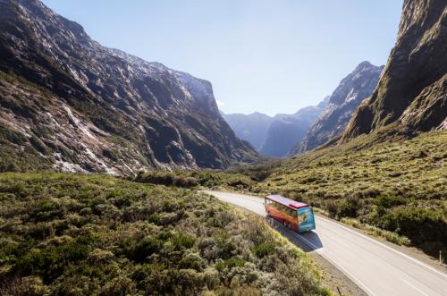 Milford Sound Coach driving towards Milford Sound